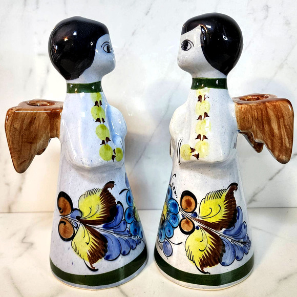 Set of 2 Vintage Tonala Ceramic Pottery Angel Candle Stick Holders Mexico 9" - Picture 2 of 10